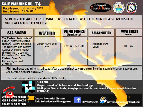 GALE WARNING No. 74 | Issued at: 5:00 AM January 04, 2023