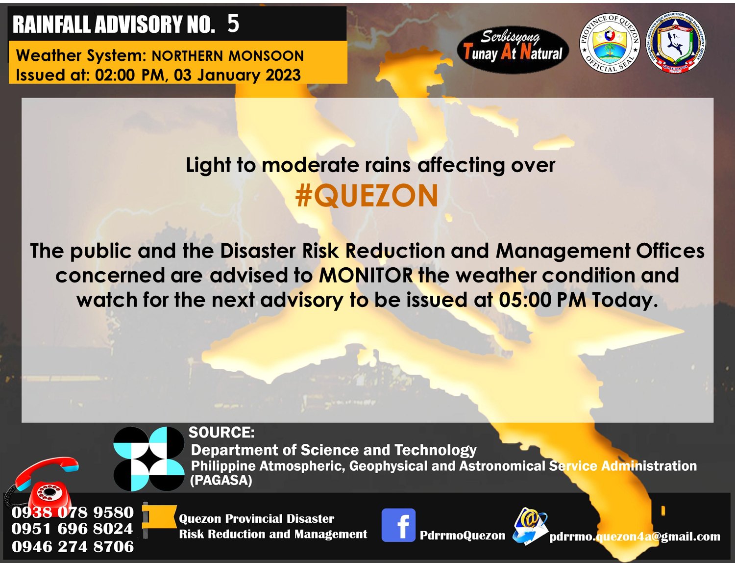 RAINFALL ADVISORY No. 5 #NCR_PRSD Weather System: Northeast Moonsoon | Issued at 2:00 PM, January 03, 2023