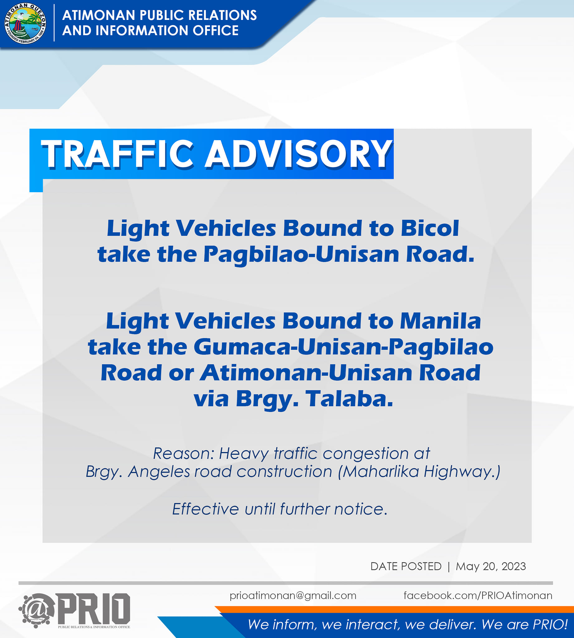 Traffic Advisory | May 20, 2023