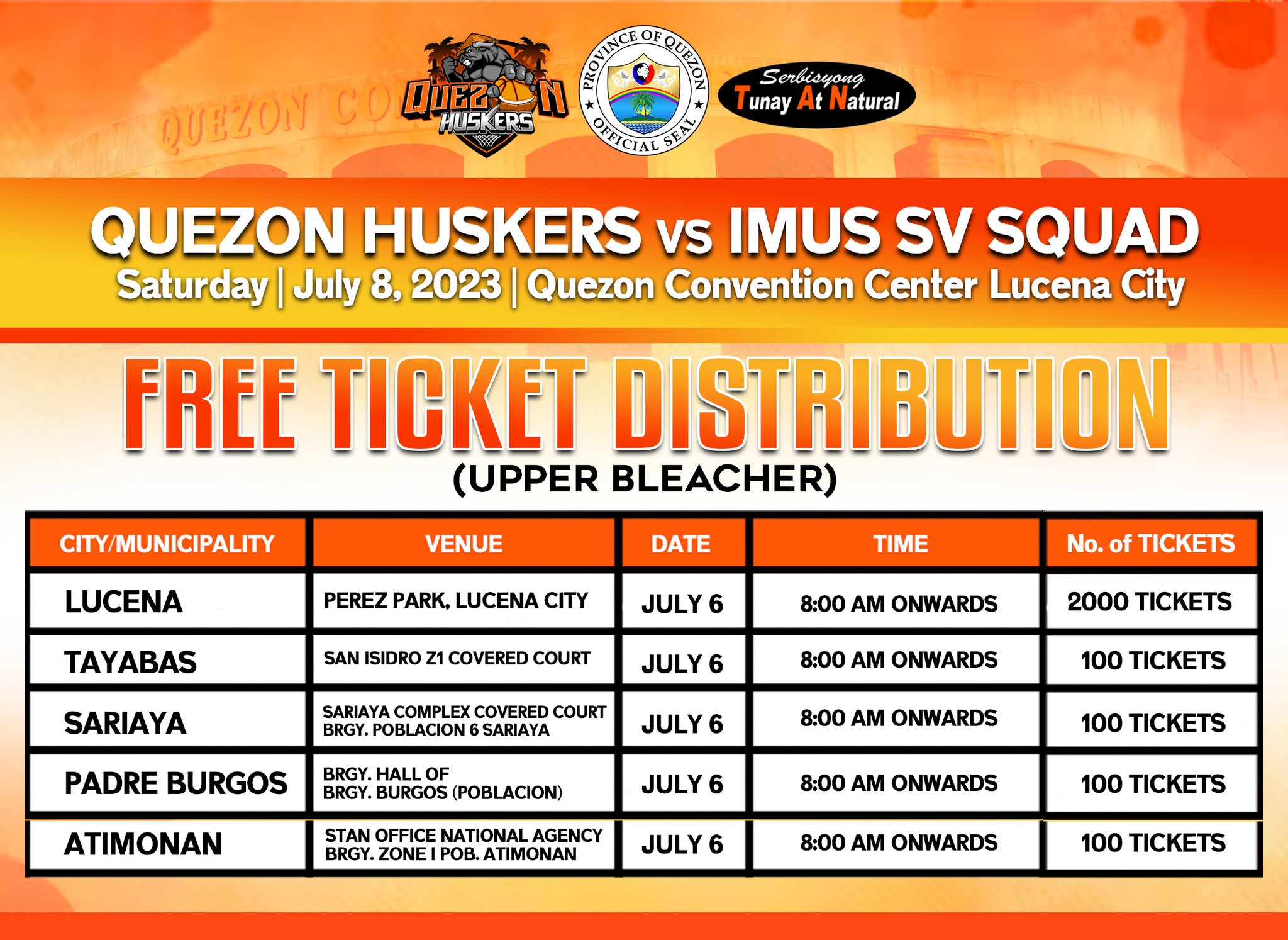 Quezon Huskers vs. Imus SV Squad | Saturday – July 08, 2023 – Quezon Convention Center, Lucena City