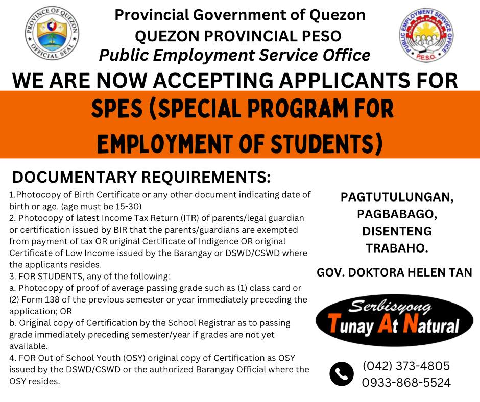 We are Now Accepting Applicants for SPES (Special Program for Employment of Students)