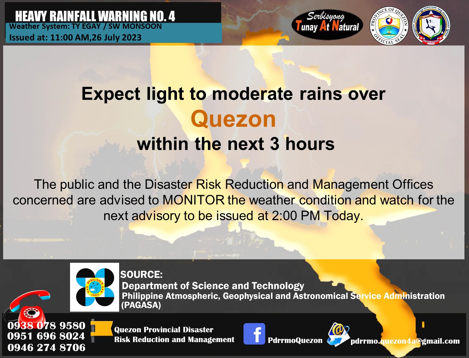 Heavy Rainfall Warning No. 4 NCR_PRSD – Weather System: TY EGAY / SW MONSOON | 11:00am – July 26, 2023