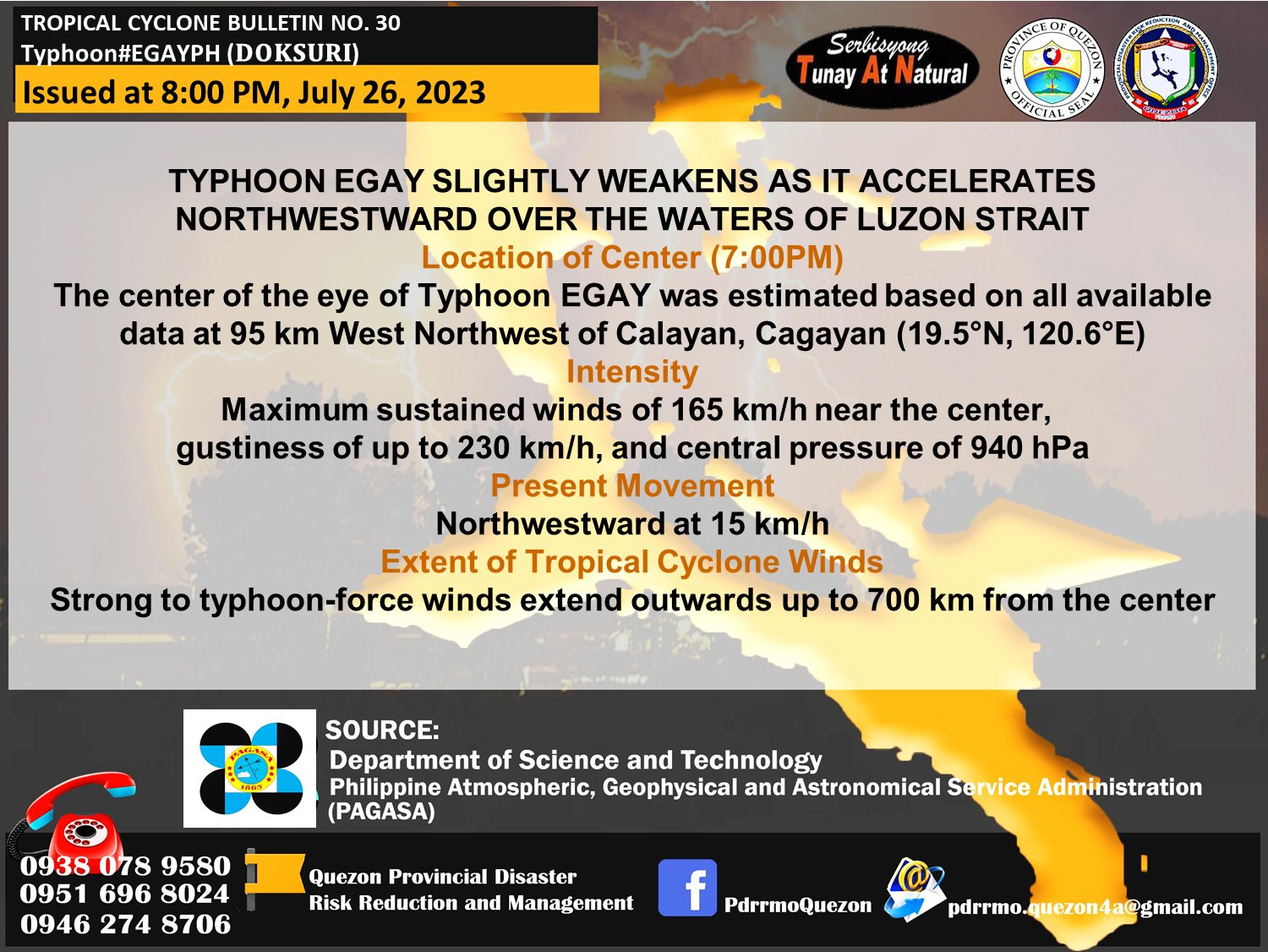 Tropical Cyclone Bulletin No. 30 Typhoon Egay (DOKSURI) | 8:00pm – July 26, 2023