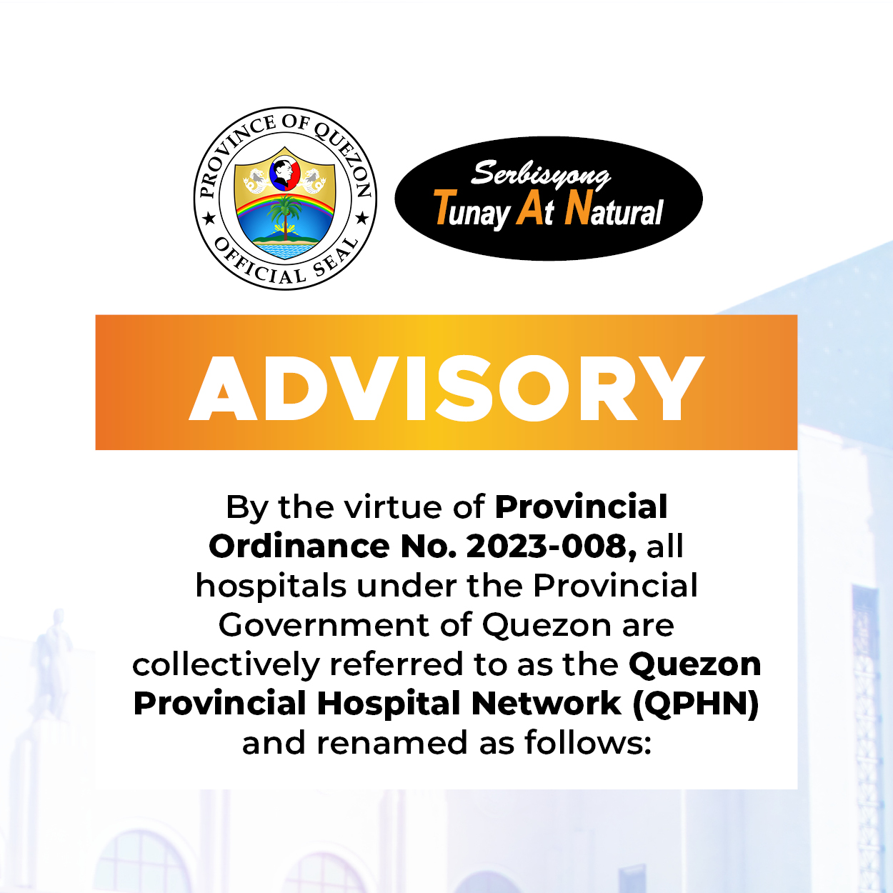 Advisory – Pagbabago ng Pangalan ng mga Ospital sa Ilalim ng Pamamahala ng Pamahalaang Panlalawigan ng Quezon | September 20, 2023