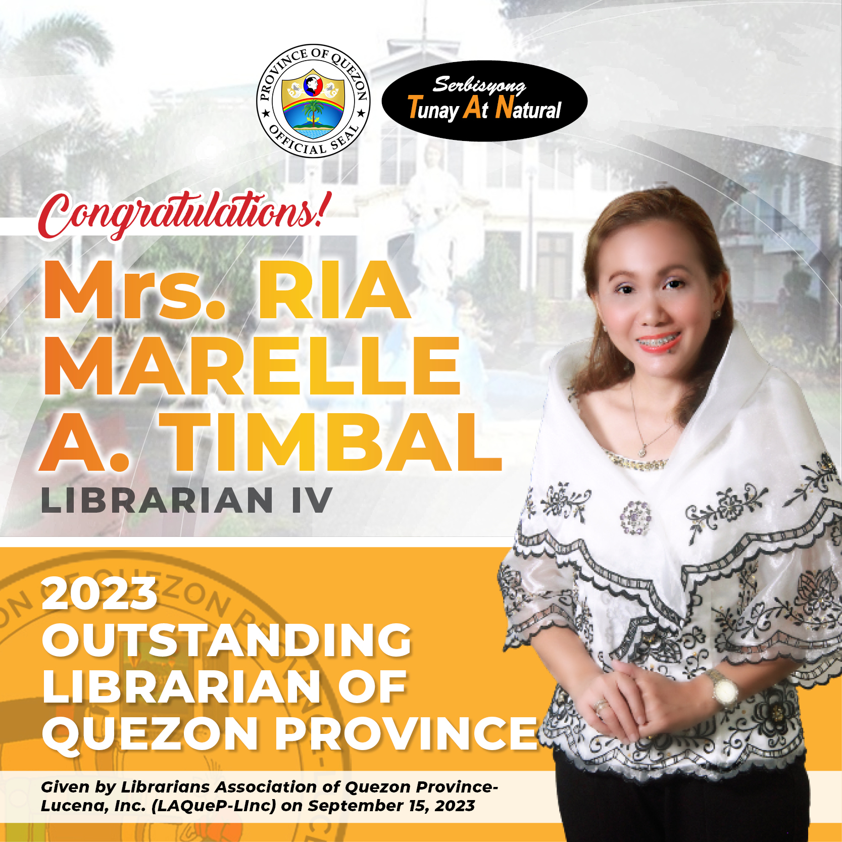 Congratulations, Mrs. Ria Marelle A. Timbal – 2023 Outstanding Librarian of Quezon Province