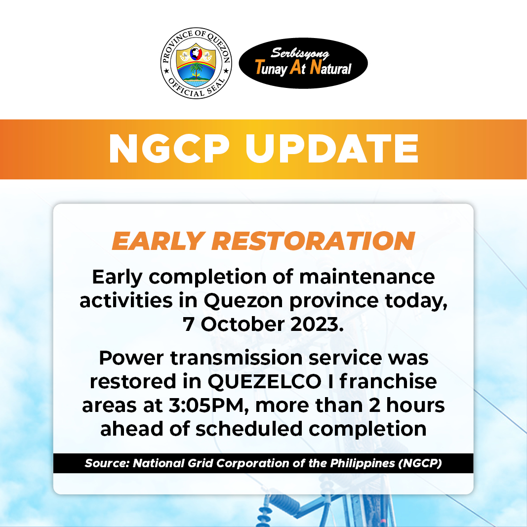 NGCP Update – Early completion of maintenance activities in Quezon province today, 7 October 2023