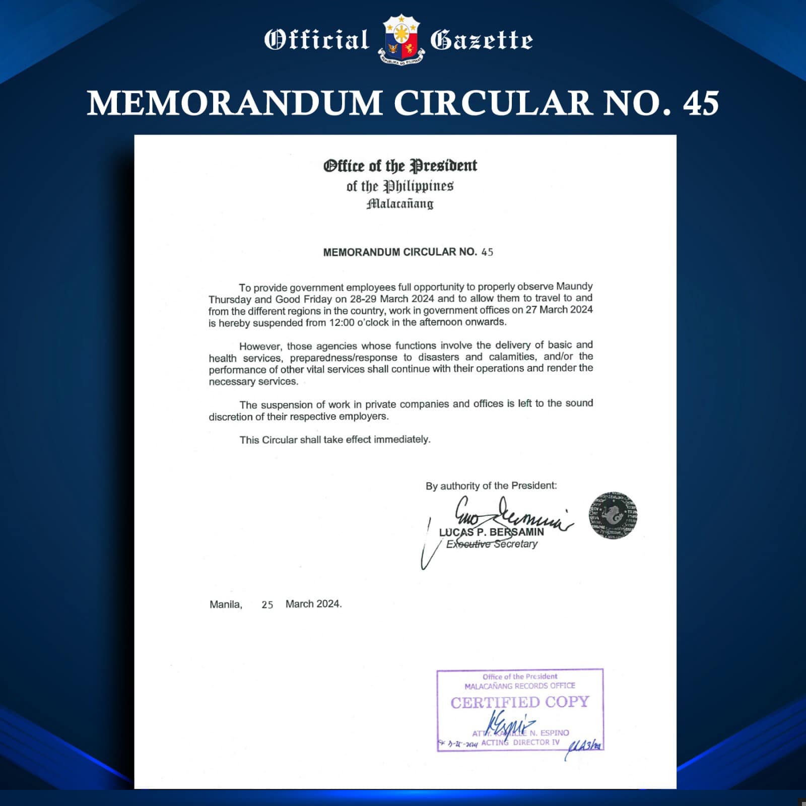 Official Gazette Memorandum Circular No. 45