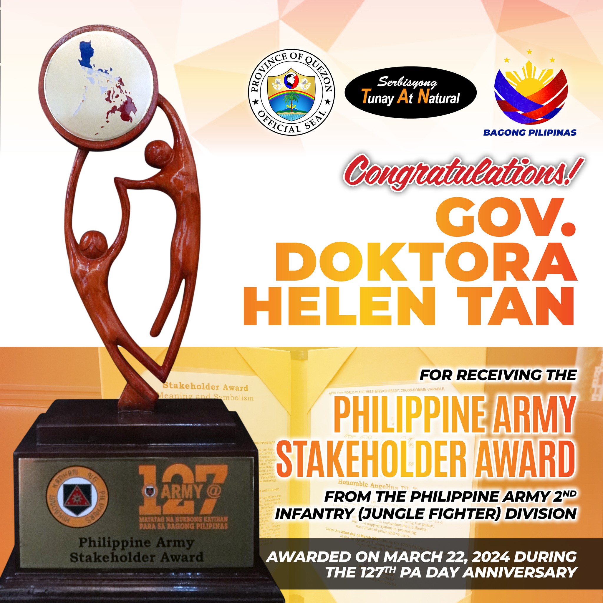 CONGRATULATIONS! Gov. Doktora Helen Tan receiving the Philippine Army Stakeholder Award | April 15, 2024