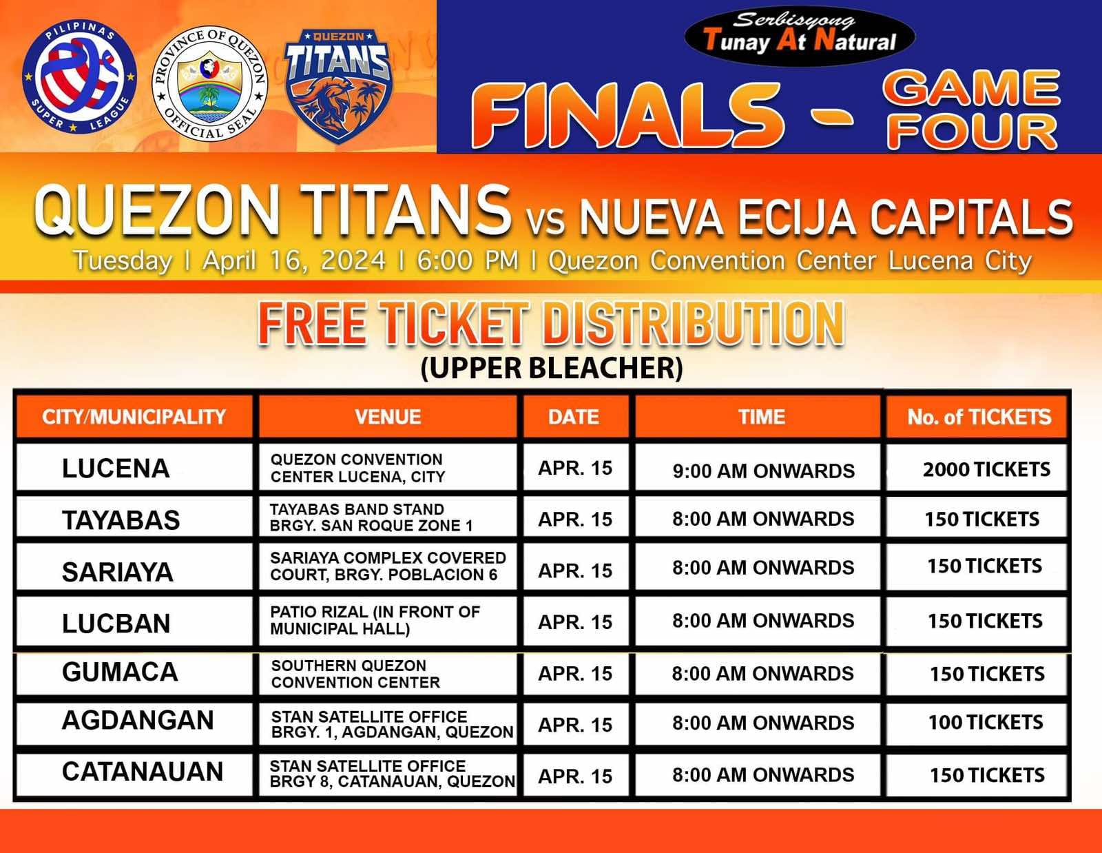 Quezon Titans vs Nueva Ecija Capitals Finals – Game Four Free Ticket Distribution