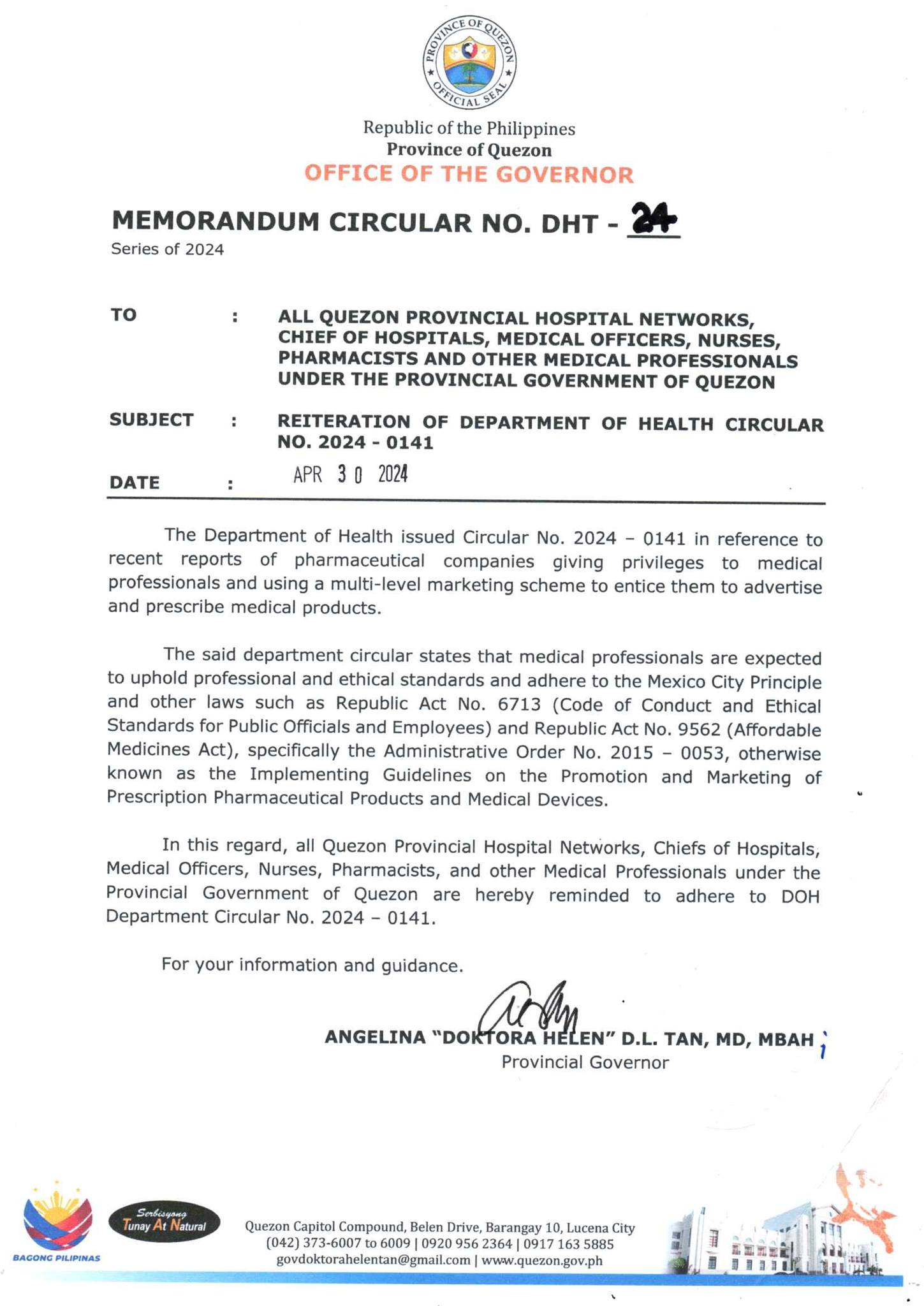 Memorandum Circular No. DHT – 24