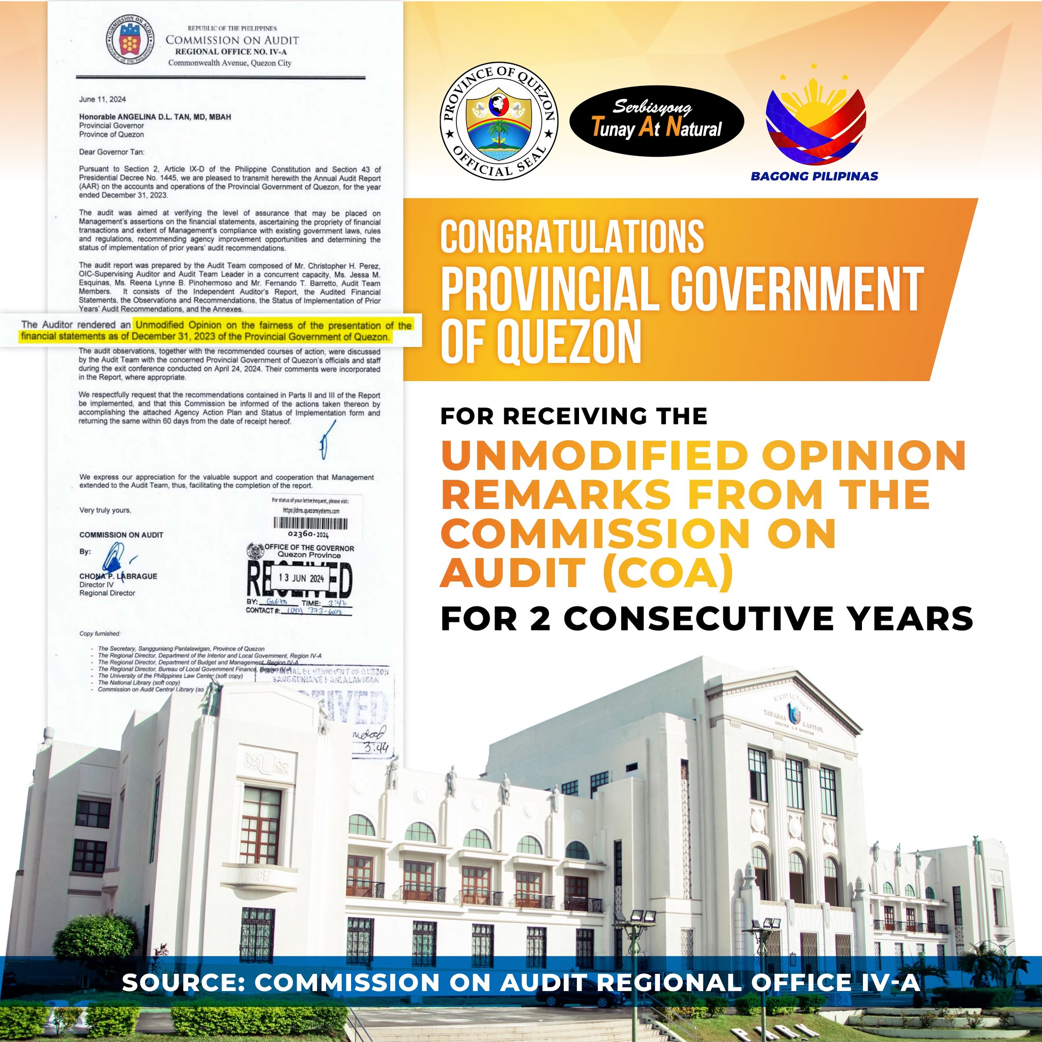 Congratulations Provincial Government of Quezon for Receiving the Unmodified Opinion Remarks from the Commission of Audit (COA) for 2 Consecutive Years