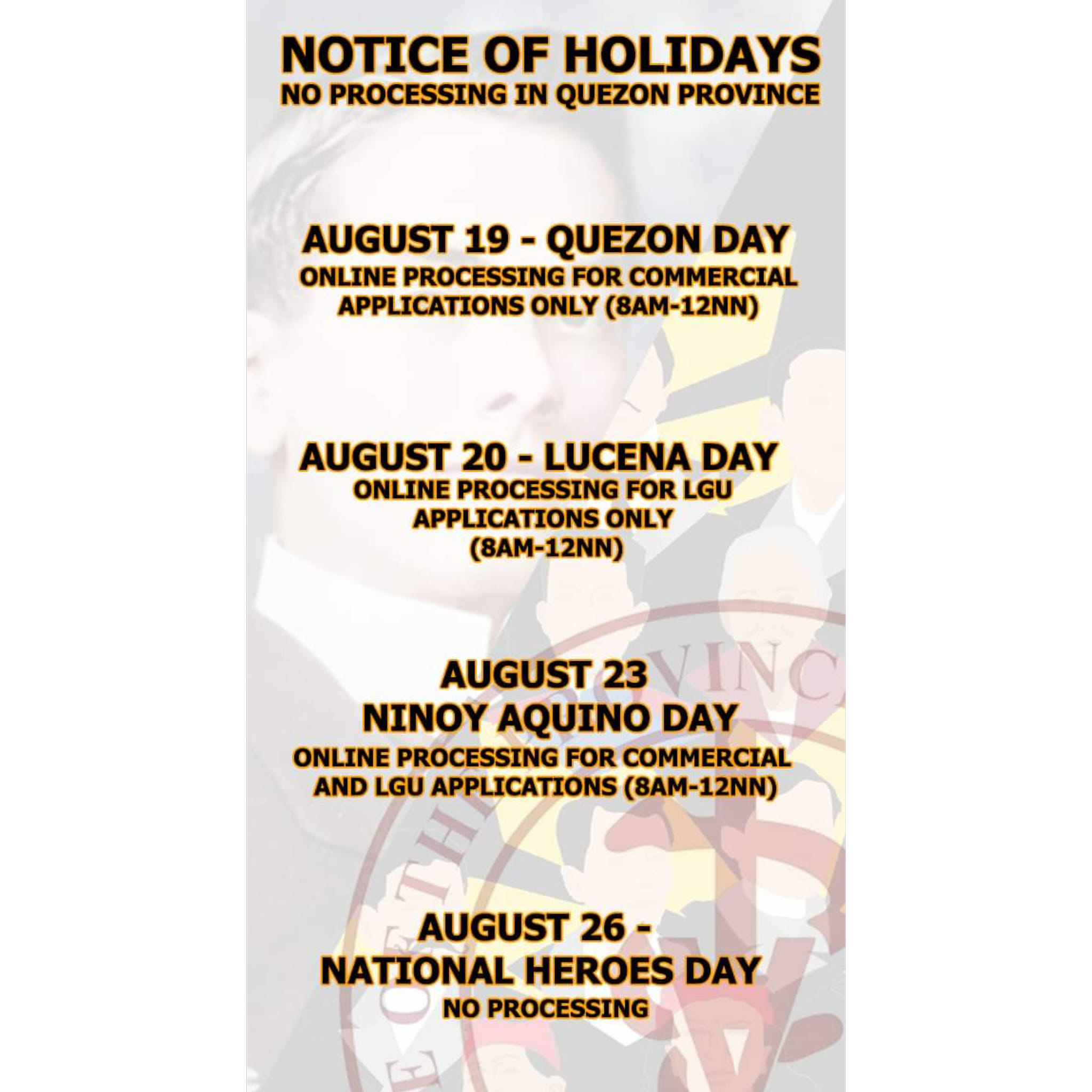 Notice of Holidays – No Processing in Quezon Province