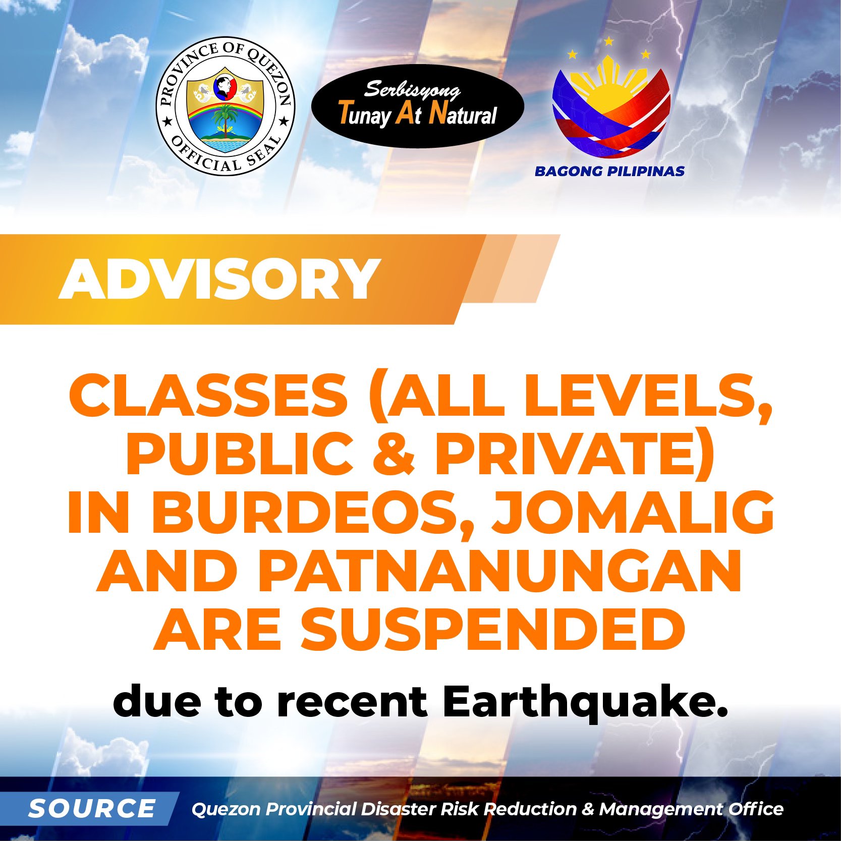 ADVISORY: Classes (All levels, Public & Private) in Burdeos, Jomalig and Patnanungan are Suspended Due to Recent Earthquake