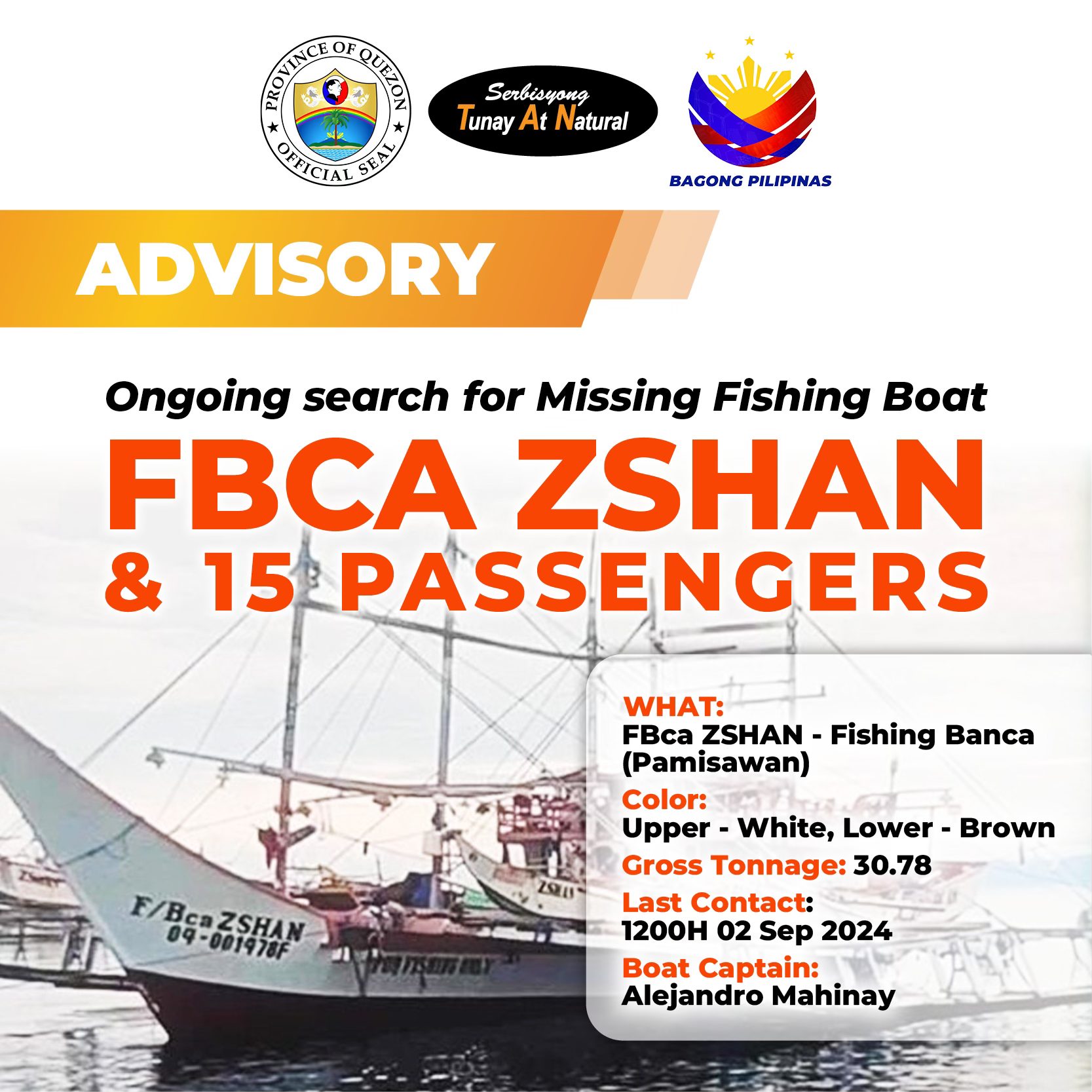 ADVISORY: Ongoing Search for Missing Fishing Boat FBCA ZSHAN & 15 Passengers