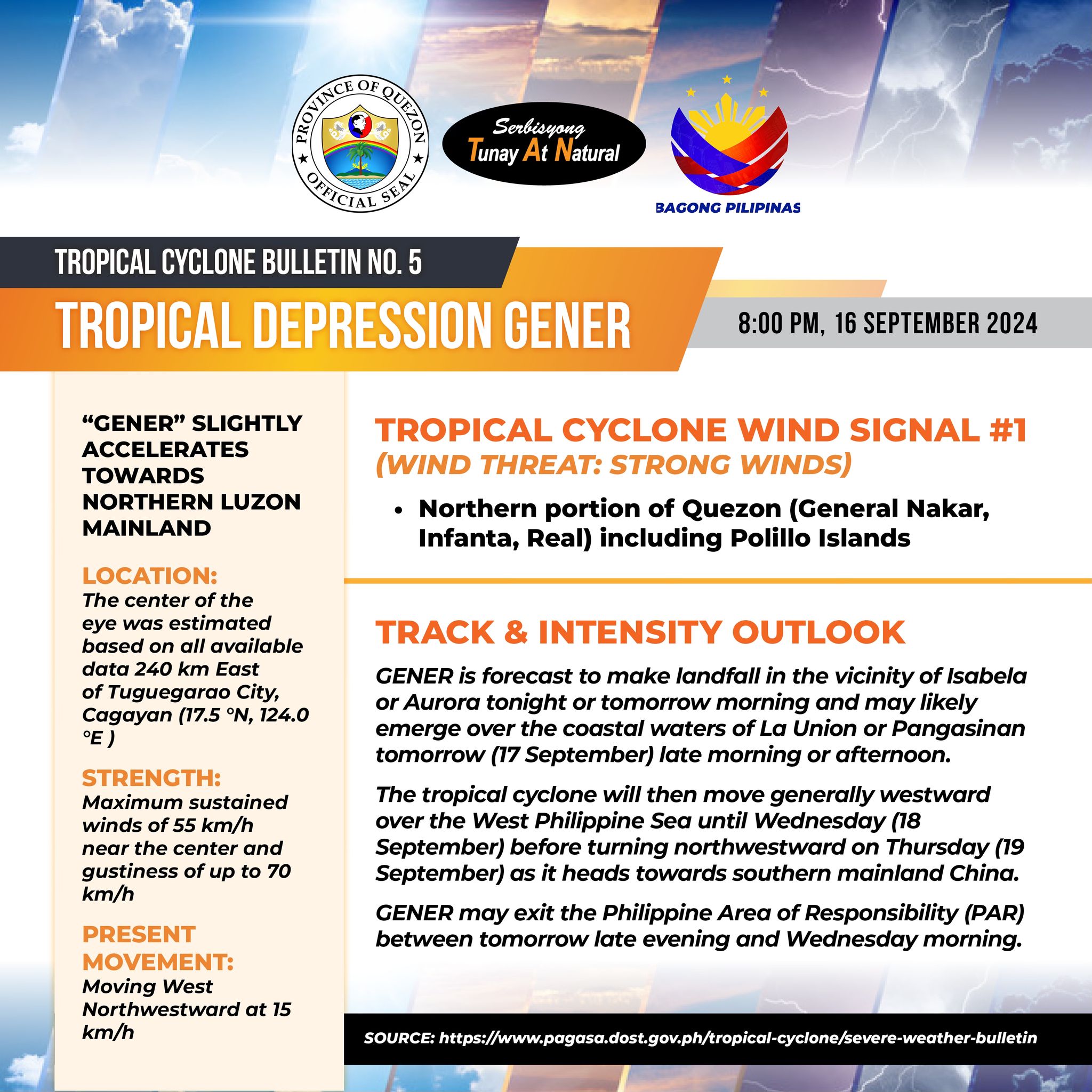 TROPICAL CYCLONE BULLETIN NR. 5 TROPICAL DEPRESSION “GENER” Issued at 8:00 PM, 16 September 2024