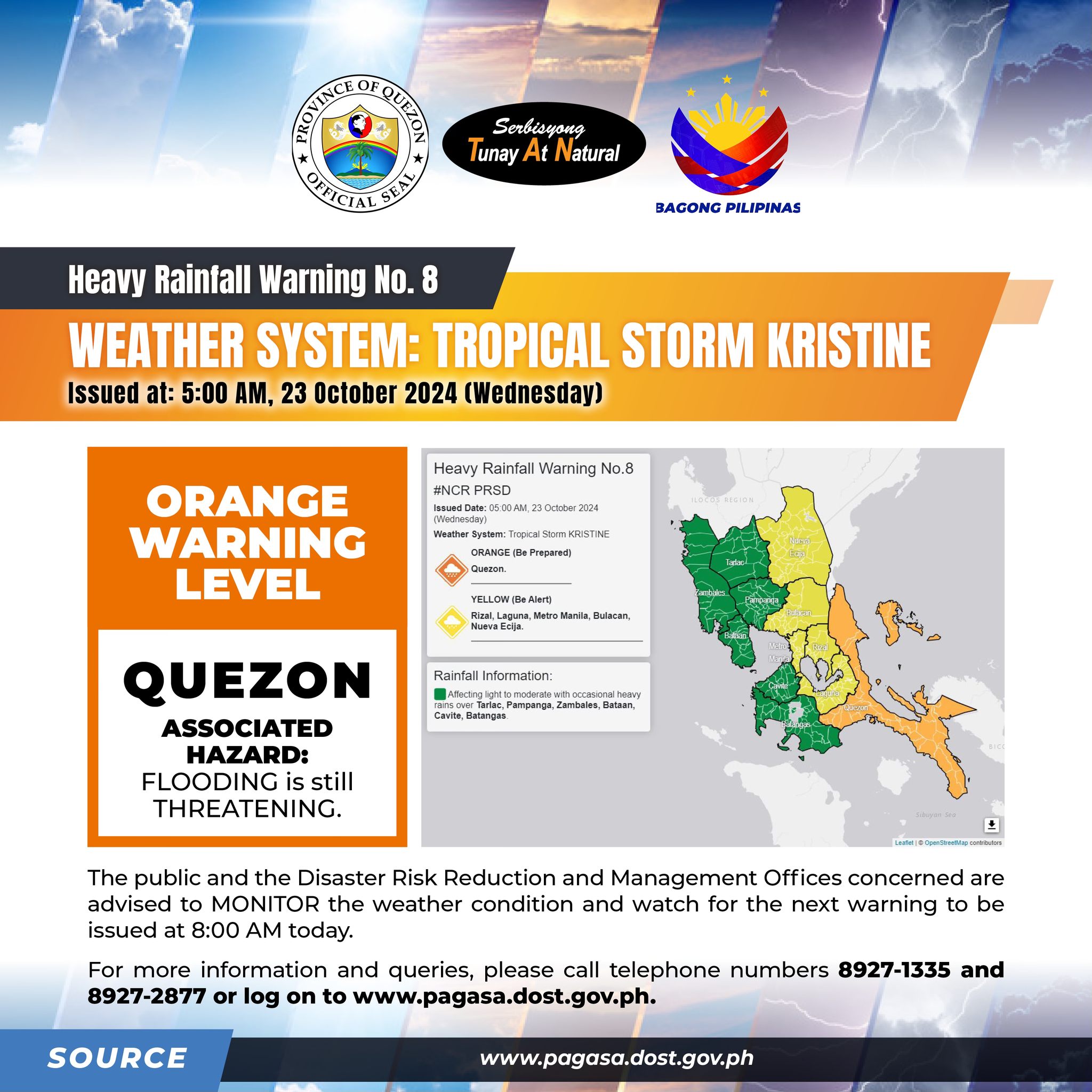 Heavy Rainfall Warning No. 8 #NCR_PRSD Weather System: Tropical Storm KRISTINE ssued at: 5:00 AM, 23 October 2024(Wednesday)