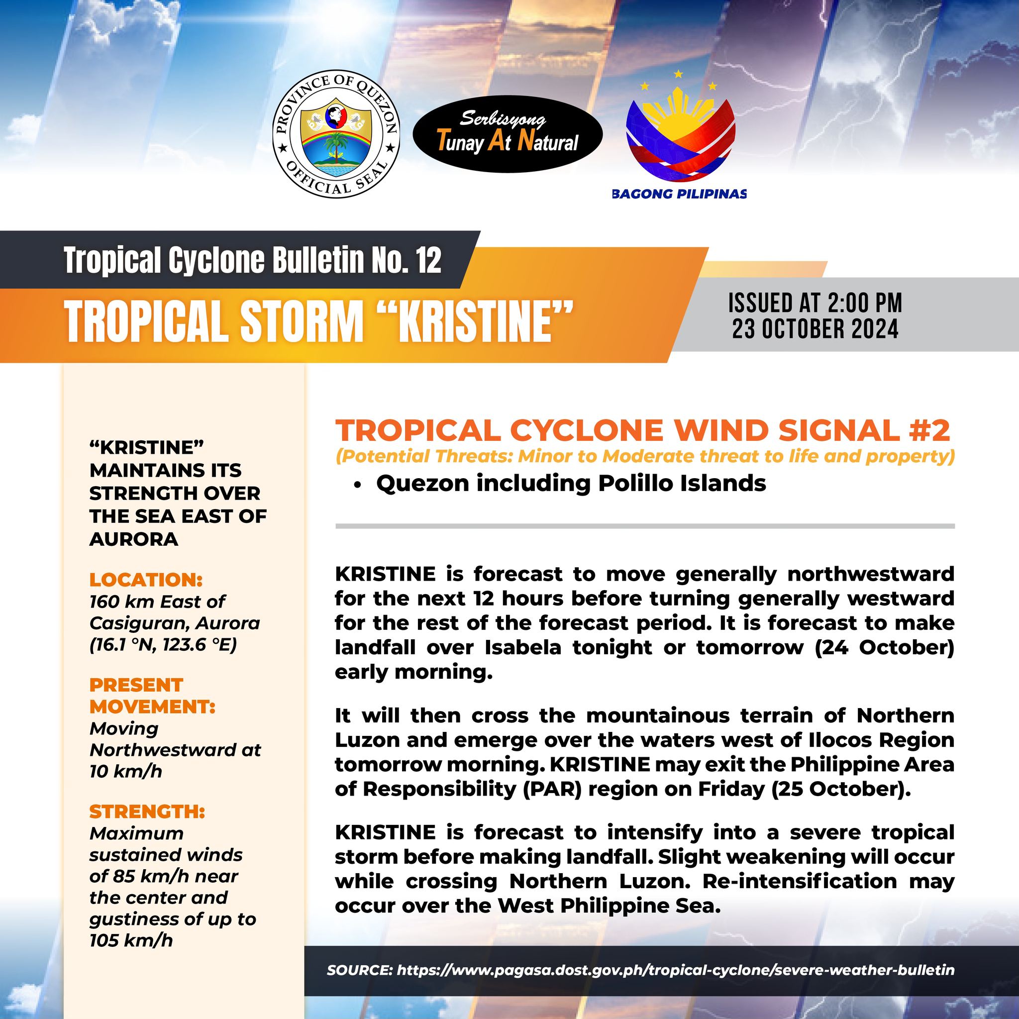 Tropical Cyclone Bulletin No. 12 TROPICAL STORM “KRISTINE” Issued at 2:00 pm, 23 October 2024