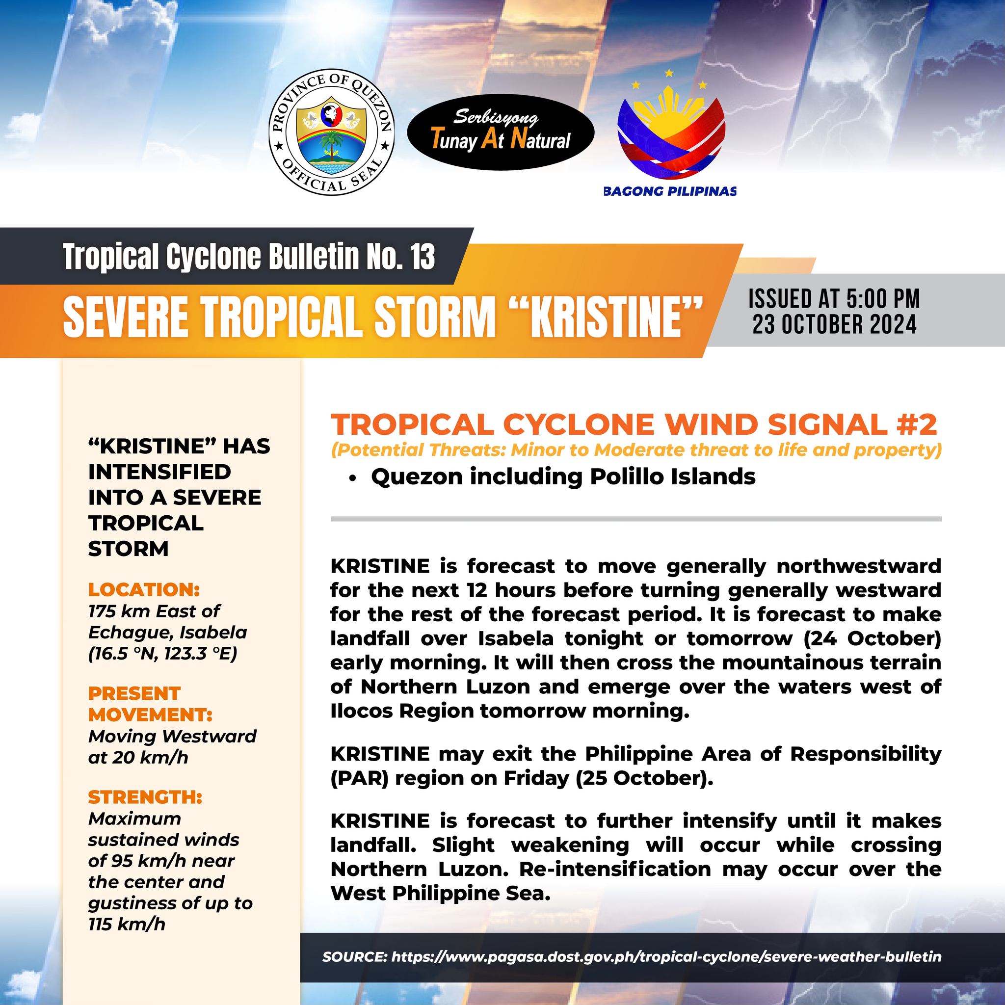 Tropical Cyclone Bulletin No. 13 SEVERE TROPICAL STORM “KRISTINE” Issued at 5:00 pm | 23 October 2024