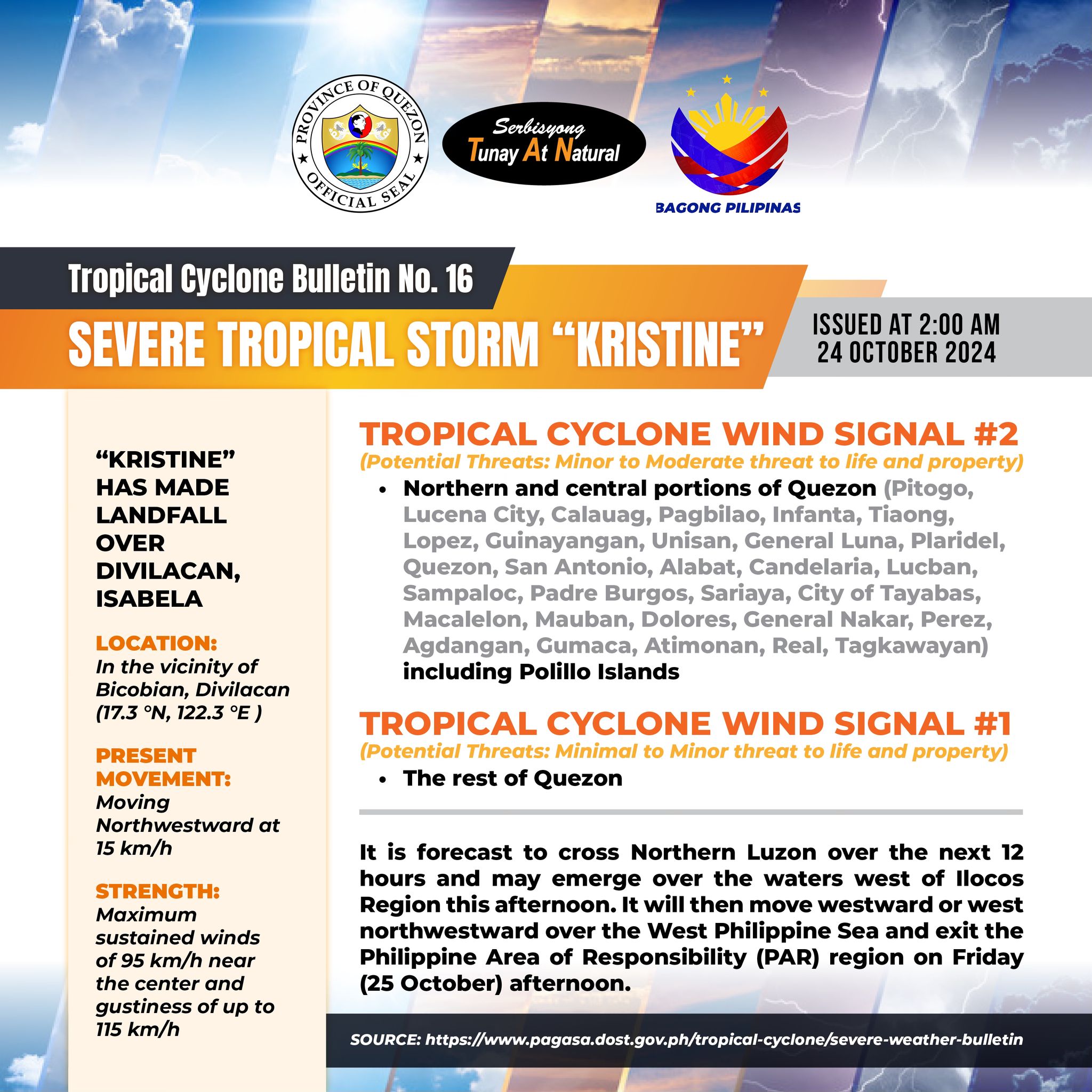 Tropical Cyclone Bulletin No. 16 SEVERE TROPICAL STORM “KRISTINE” Issued at 2:00 am, 24 October 2024