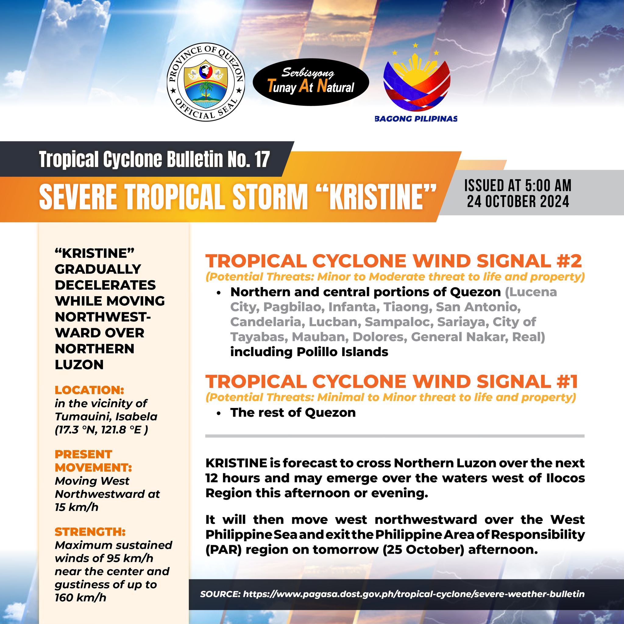 Tropical Cyclone Bulletin No. 17 SEVERE TROPICAL STORM “KRISTINE” Issued at 5:00 am, 24 October 2024