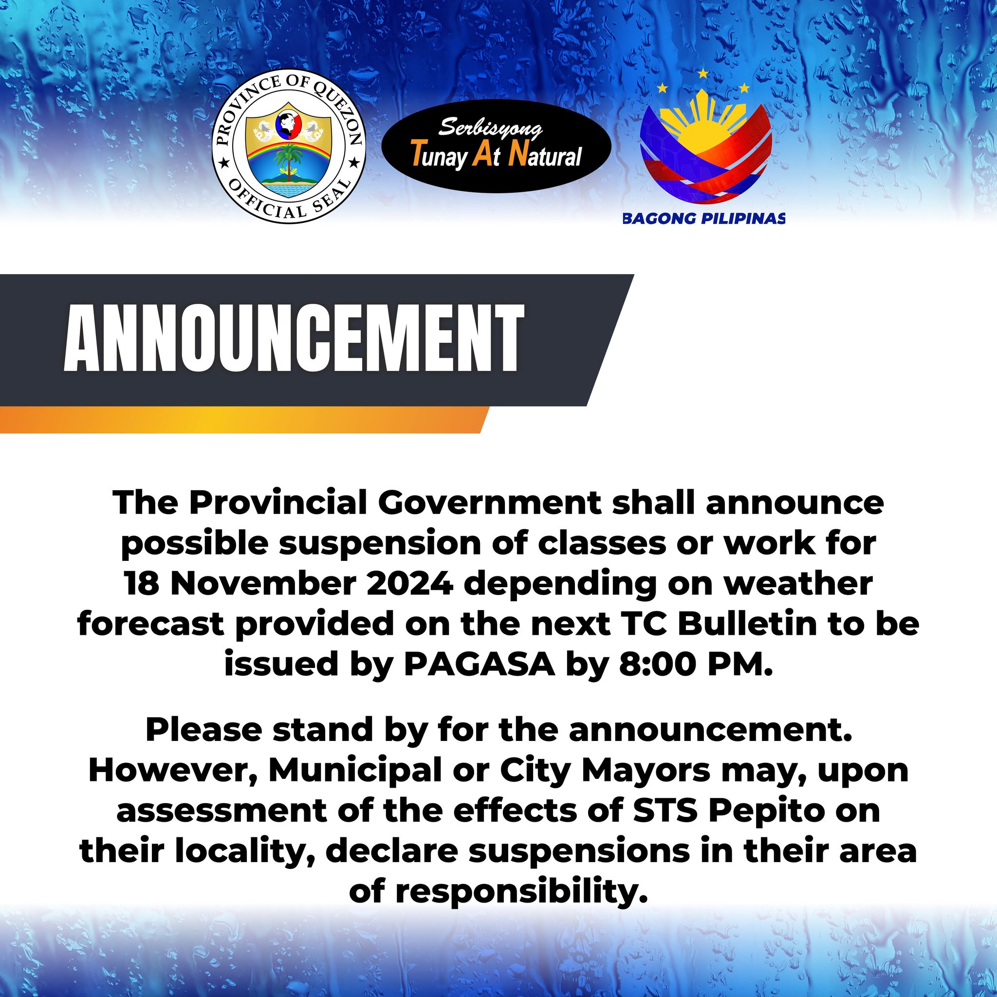 ANNOUNCEMENT: Provincial Government Shall Announce Possible Suspension of Classes or Work for 18 November 2024