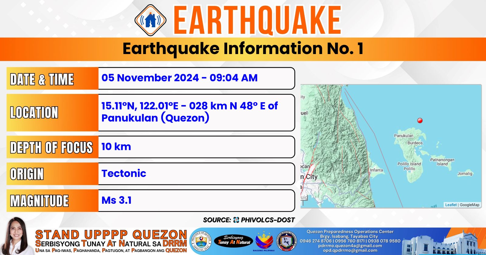 Earthquake Information No.1 Date and Time: 05 November 2024 – 09:04 AM