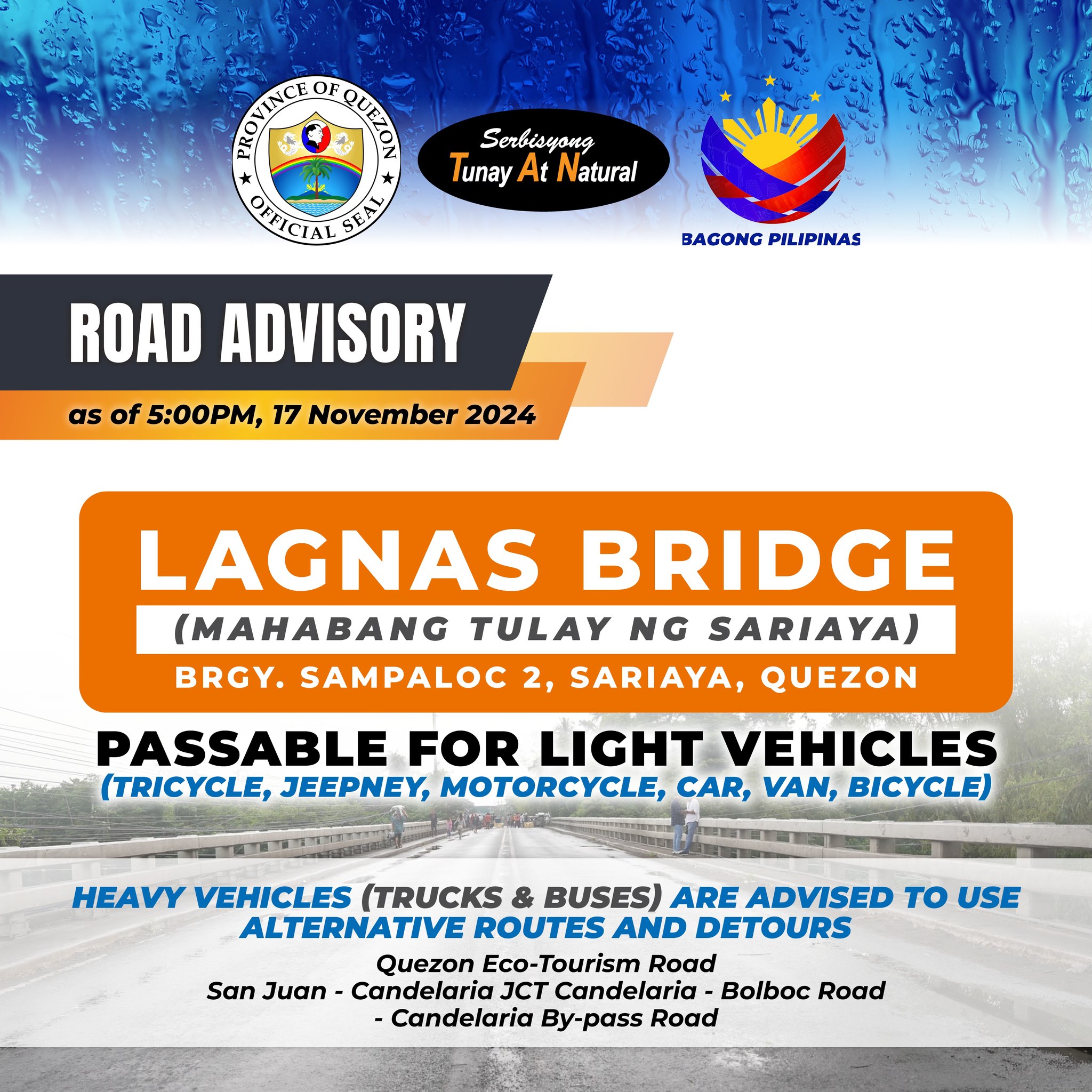 ROAD ADVISORY: as of 5:00pm | November 17, 2024