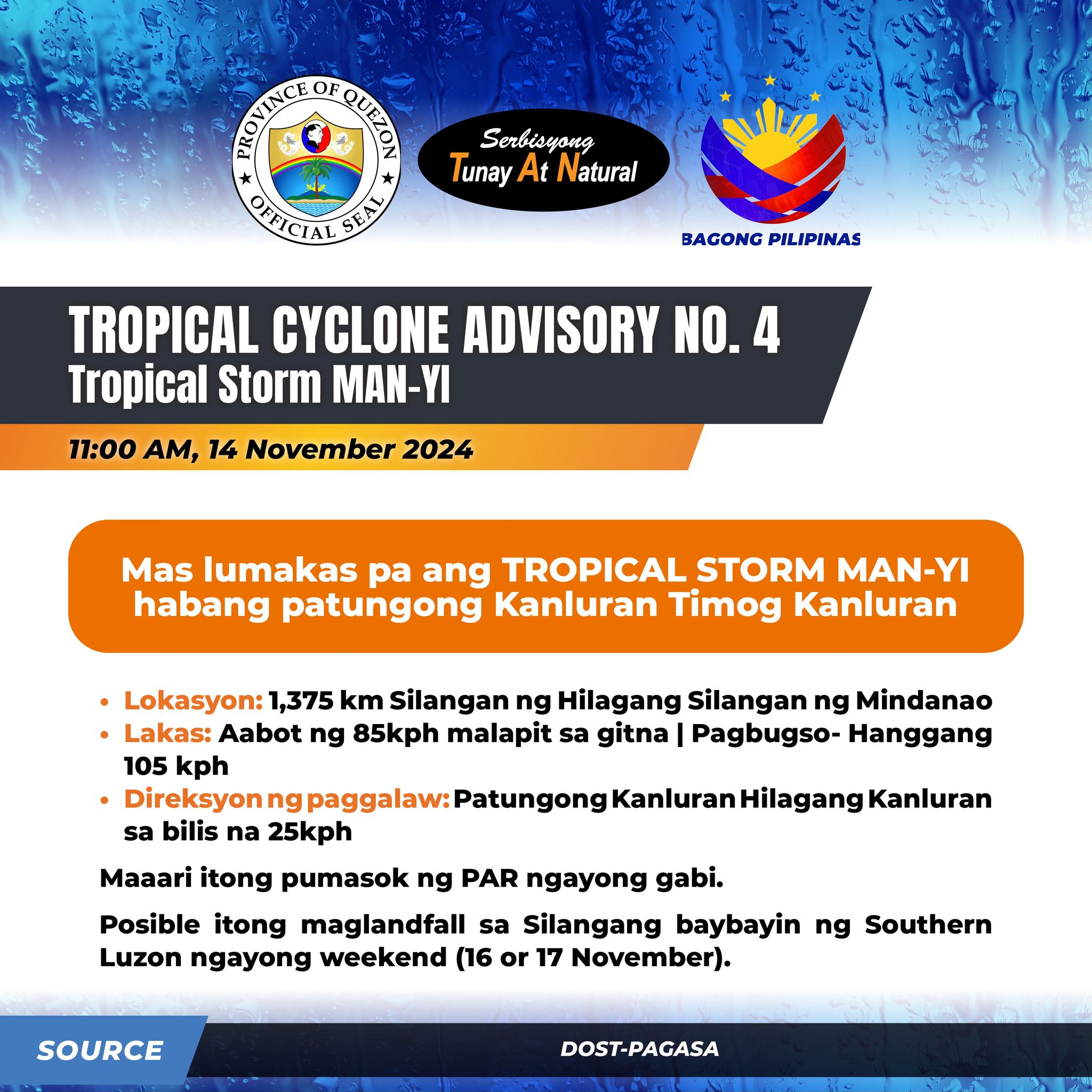 TC Advisory NR. 4 Tropical Storm MAN-YI 11:00 AM, 14 November 2024