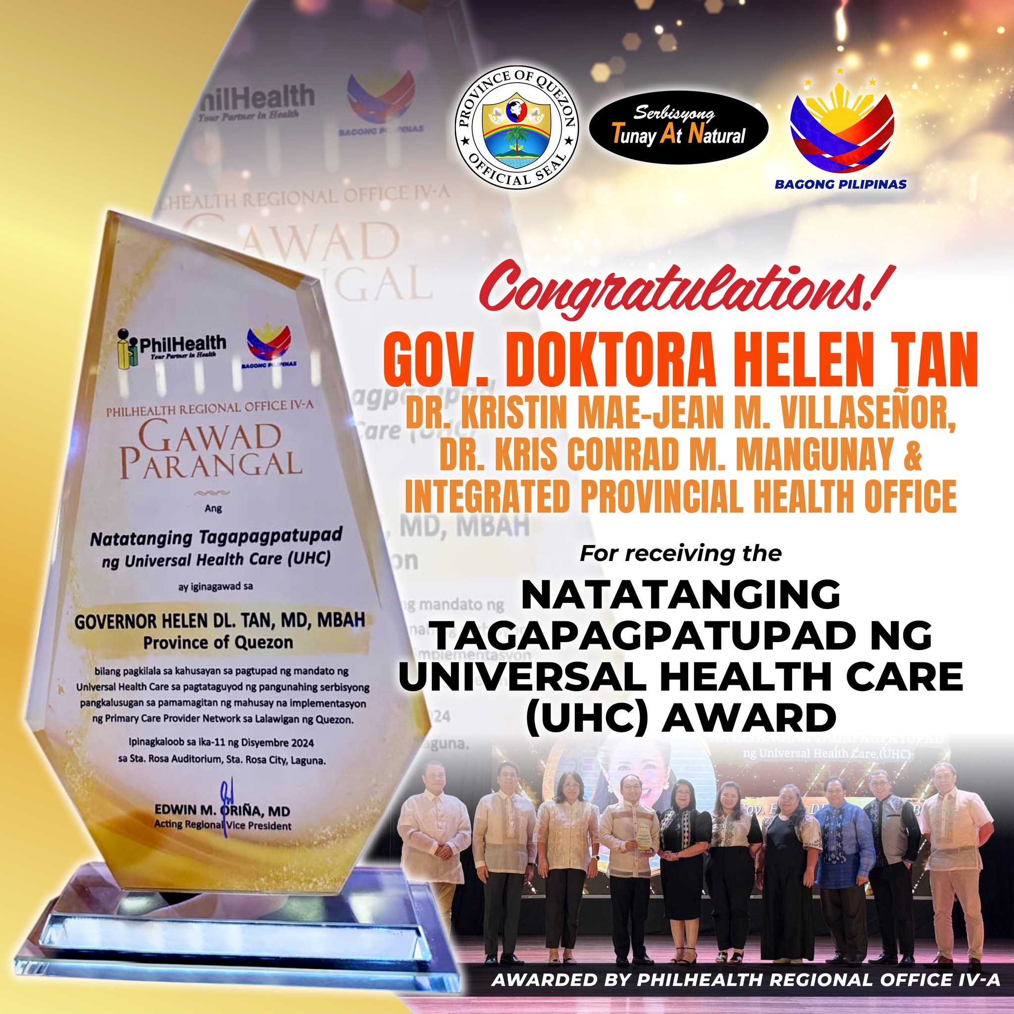 Congratulations Gov. Doktora Helen Tan for Receiving the Natatanging Tagapagpatupad ng Universal Health Care (UHC) Award