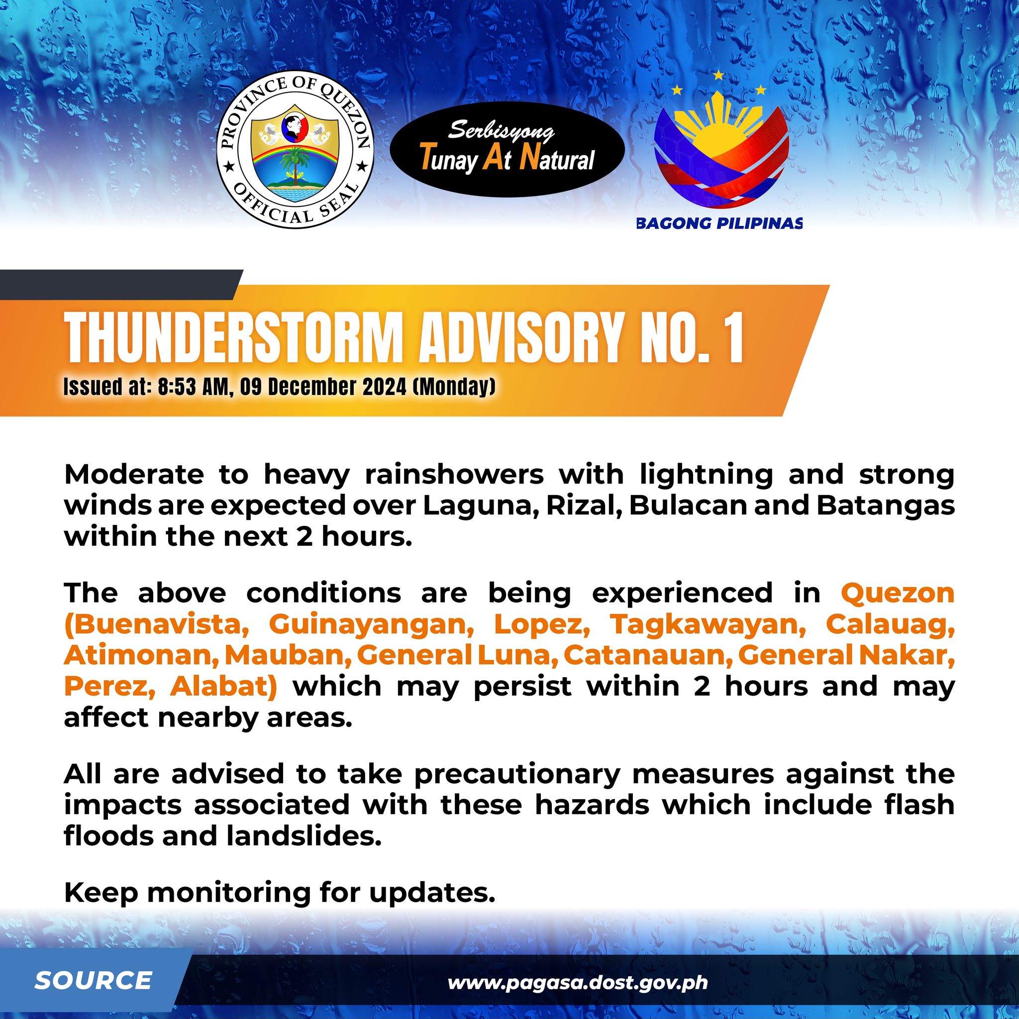 Thunderstorm Advisory No. 1 #NCR_PRSD Issued at: 8:53 AM, 09 December 2024(Monday)