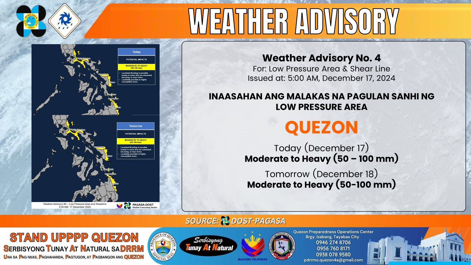 Weather Advisory No. 4 For: Low Pressure Area & Shear Line Issued at: 5:00 AM, December 17, 2024