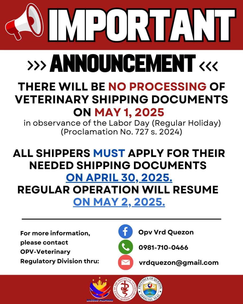 NO Processing of Veterinary SHIPPING DOCUMENTS | April 29, 2025