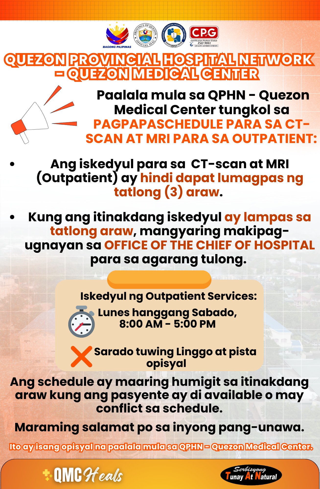 Paalala para sa CT-Scan, MRI, at 2D Echo Scheduling at Resulta | April 25, 2025